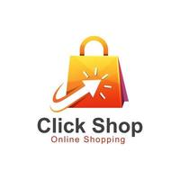 clique no logotipo da loja online com saco para sua loja de comércio de negócios vetor