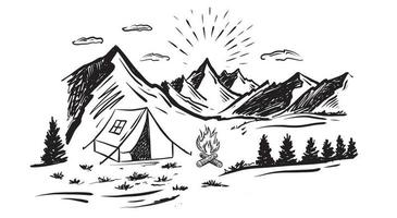 acampar na natureza, paisagem de montanha, estilo de desenho, ilustrações vetoriais. vetor