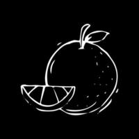 laranja desenhada à mão. contorno branco de uma laranja com uma fatia em um fundo preto. desenho de ilustração vetorial preto e branco vetor