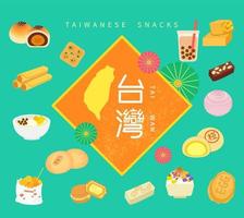 conjunto de sobremesas de lanches taiwaneses, caracteres taiwaneses escritos em caractere chinês e personagem de bolo vetor
