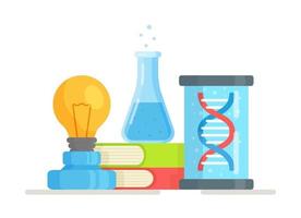 ilustração em vetor de ícones de laboratório de ciências em um fundo branco. instrumentos físicos e químicos. lâmpada, livros, frasco, dna.