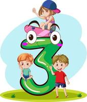 três crianças com desenho animado número três vetor