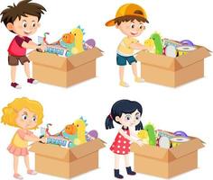 conjunto de crianças diferentes colocando seus brinquedos em caixas vetor