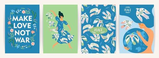 paz na Terra. mulher e pomba da paz. conjunto de vetores. ilustração para cartão, pôster, panfleto e outros vetor