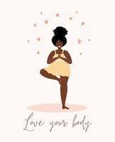 AME a si mesmo. amo seu conceito de corpo. tire um tempo para você mesmo. calma mulher africana de vestido com corações em fundo branco. cores suaves fofas pastel. ilustração vetorial. estilo plano. vetor
