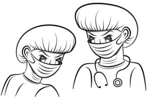 ilustração de linha de personagem de desenho animado médico e enfermeiro em roupas de proteção contra vírus vetor