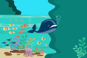 ilustração da vida marinha sob o mar, lulas e peixes que nadam pelos corais vetor