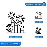 ícones de queda de negócios definir ilustração vetorial com estilo de linha de ícone sólido. conceito de impacto de coronavírus. ícone de traçado editável em fundo isolado para web design, infográfico e aplicativo móvel ui. vetor