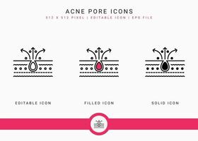 ícones de poros de acne definir ilustração vetorial com estilo de linha de ícone sólido. conceito de inflamação da pele de camada. ícone de traçado editável em fundo isolado para web design, infográfico e aplicativo móvel ui. vetor