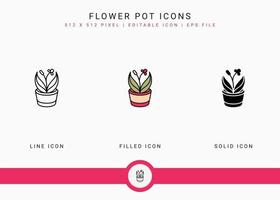 ícones de vaso de flores definir ilustração vetorial com estilo de linha de ícone sólido. conceito de agricultura de jardinagem de plantas. ícone de traçado editável em fundo isolado para web design, interface de usuário e aplicativo móvel vetor