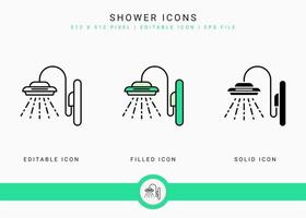 ícones de chuveiro definir ilustração vetorial com estilo de linha de ícone. conceito de banheiro de chuveiro de aspersão. ícone de traçado editável em fundo branco isolado para web design, interface de usuário e aplicativo móvel vetor
