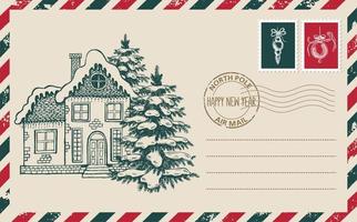 correio de natal, cartão postal, ilustração desenhada à mão.