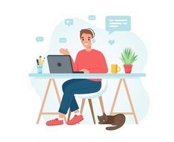 conceito de escritório em casa, homem trabalhando em casa, estudante ou freelancer. ilustração vetorial fofa em estilo simples