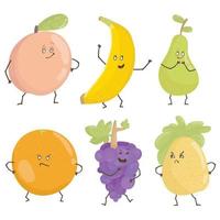 personagens de frutas. abacaxi, banana, abacaxi, laranja, pêssego, pêra. coleção cut personagens de frutas engraçadas vetor