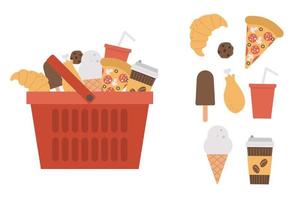 vector cesta de compras vermelha com ícone de produtos isolado no fundo branco. carrinho de loja de plástico com doces, pastelaria e fast food. ilustração de ingredientes insalubres