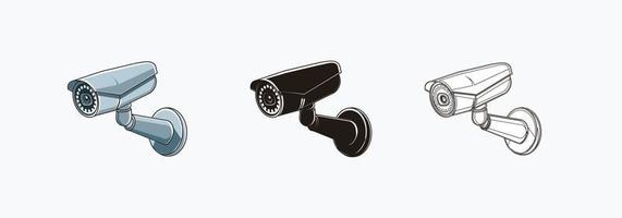 Conjunto de ícones de câmera de cctv. CCTV de vigilância - colorido, silhueta, ilustrações vetoriais de ícone de linha isoladas em branco vetor