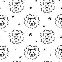 preto e branco sem costura padrão com doodle contorno rostos de leão e estrelas. vetor