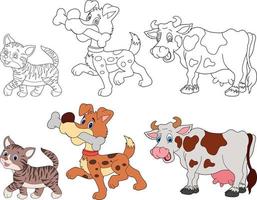 desenho vetorial de gato, cachorro e vaca para livro de colorir. vetor