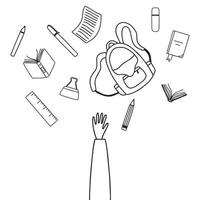 conceito de educação. fim da escola. um estudante joga itens da escola no ar. estilo doodle. ilustração vetorial. de volta à escola.