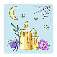 ícone místico bonito. coleção de elementos mágicos coloridos dos desenhos animados. ícones de astrologia kawaii de velas, flor, aranha, estrelas, web, crescente, coisas de vetor de ramos.