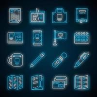 conjunto de ícones de luz de néon de equipamento de escritório. ferramentas de negócios sinais brilhantes. acessórios de empresário vector ilustrações isoladas. atributos corporativos, pacote de itens de papelaria. caderno, crachá de funcionário