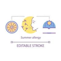 ícone do conceito de alergia de verão. ilustração de linha fina de ideia de doença alérgica sazonal. reações alérgicas à luz solar, pólen de grama, frutas cítricas. desenho de contorno isolado de vetor. traço editável vetor