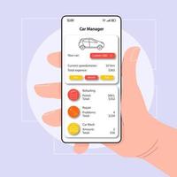 modelo de vetor de interface de smartphone de gerente de carro. layout de design de cor de página de aplicativo móvel. tela de calculadora de despesas de transporte. interface do usuário plana para aplicação. mão segurando o telefone com custo de reparo em exibição..