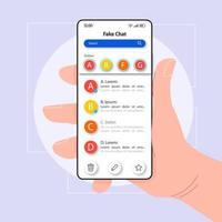 modelo de vetor de interface de smartphone de software de bate-papo falso. layout de design de cor de página de aplicativo móvel. mensagens de texto para tela de usuários. interface do usuário plana para aplicação. mão segurando o telefone com mensagens falsas em exibição
