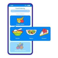 modelo de vetor de interface de smartphone para pedidos de comida. layout azul do aplicativo móvel. tela de entrega de alimentos. prato, página de aplicação de seleção de categoria de refeição ui. menu de dieta on-line do restaurante. visor do telefone