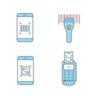 conjunto de ícones de cores de códigos de barras. scanner de código de barras para smartphone, leitor de código linear, aplicativo de digitalização, recibo de terminal de pagamento. ilustrações vetoriais isoladas vetor