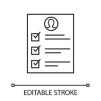 ícone linear de pesquisa de controle de qualidade de serviço. feedback e revisão. ilustração de linha fina. usuário, cliente, questionário do cliente. lista de controle. currículo. desenho de contorno isolado de vetor. traço editável vetor