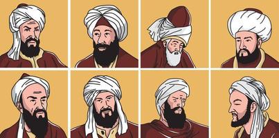 conjunto de ilustrações vetoriais dos estudiosos islâmicos mais influentes do mundo vetor