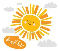 sol bonito com um balão dizendo olá e nuvens cinzentas. ilustração vetorial engraçada. arte de berçário caprichosa. personagem sorridente de verão. vetor