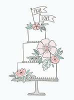 ilustração vetorial desenhada à mão do bolo de casamento. bolo com decoração floral e banners, bandeiras com frase amor verdadeiro.