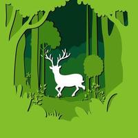 gráfico vetorial de floresta verde com fundo de veado em ilustração de estilo de arte de papel vetor