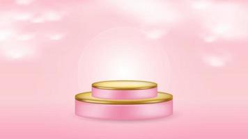 pódio 3d rosa e dourado com nuvens. vitrine de produtos com luz suave. plataforma de luxo mínimo para cosméticos vetor