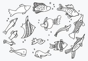 doodle peixes em um backround.animals branco doodle sob o mar para colorir. vetor