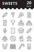 ícones de linha de vetor de sobremesas e doces. pictograma de bolos e biscoitos. ilustração de comida simples.