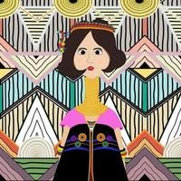 belos personagens de desenhos animados da tribo Karen Hill de pescoço comprido do norte da Tailândia. a menina usa um anel no pescoço e um vestido tradicional colorido. ilustração vetorial de logotipo da tribo akha vetor