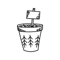 ícone de vaso de jardim simples, brotos. esboço de estilo doodle desenhado à mão, pote com sementes plantadas e sinal. jardinagem. preparações caseiras para o plantio. ilustração vetorial isolada vetor