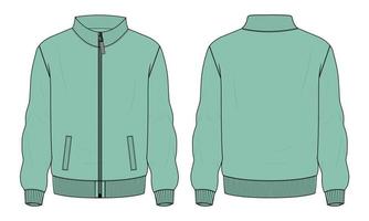 jaqueta de manga comprida técnica de moda plana esboço ilustração vetorial modelo de cor verde vistas frontal e traseira.