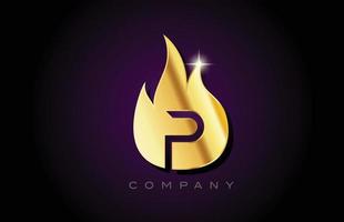 ouro dourado chamas p design de logotipo de letra do alfabeto. modelo de ícone criativo para negócios e empresa vetor