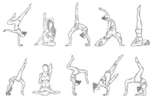 definir pacote de mega coleção de mulheres pose de ioga meditação relaxante ilustração de arte de linha vetor