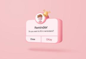 lembrete 3D no calendário em fundo rosa. página de notificações com elementos flutuantes. alerta para planejamento de negócios, eventos, lembrete e calendário em segundo plano. renderização de sino de vetor 3D no calendário