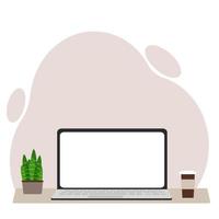 o conceito de desktop com o computador. desktop com café e planta para laptop. ilustração vetorial plana vetor