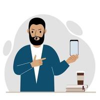 um homem gritando segura um telefone celular em uma mão e aponta para ele com o dedo indicador da outra mão. ilustração vetorial plana vetor