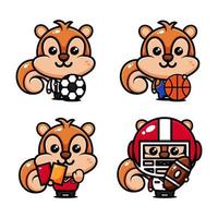 conjunto de design de personagens de esquilo fofo ator de esporte temático, futebol, basquete, rugby, juiz vetor
