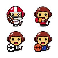 conjunto de design de personagens de macaco fofo ator de esporte temático, futebol, basquete, rugby, juiz