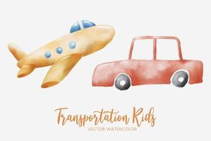 carro de transporte de crianças e avião conjunto aquarela coleção arte design gráfico ilustração vetor