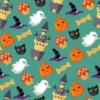 fundo sem costura e sem fim com atributos de halloween. fantasmas fofos, castelo, doces, abóboras e o rosto de um gato preto em um fundo verde. para a celebração do dia das bruxas. vetor